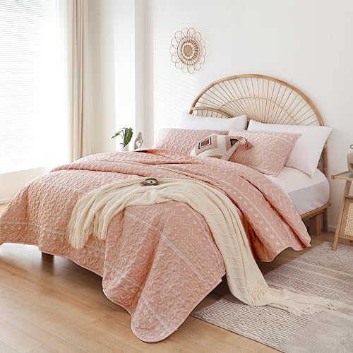 JANZAA Queen Size Quilt Boho Bedding Bedspreads Queen Size Pink Quilt 3PCS with 2 Pillow Cases Reversible Coverlet Bedding Set for All Season