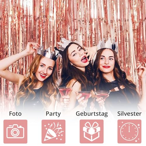 Silvester Lametta Vorhang Rosegold, Folie Fransen Vorhang Schimmer, Metallic Tinsel Vorhange Hintergrund Fringe Glitzervorhänge Fransenvorhang Metallfolie fur Party Deko Geburtstagsdeko -2stk-