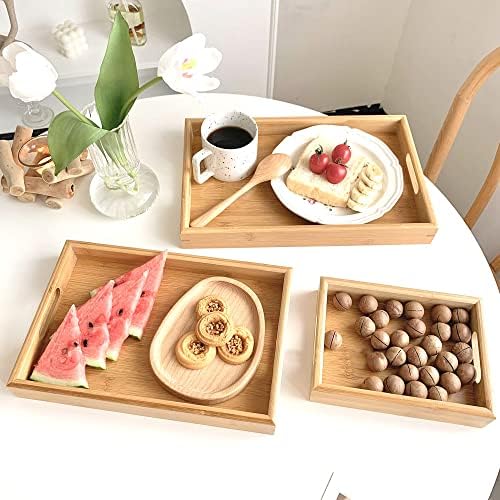 2 Pack Bamboo Serving Tray with Handles, Large and Small Trays Set, Portable Wooden Trays for Eating Dinner Breakfast Food Tea Snack Trays