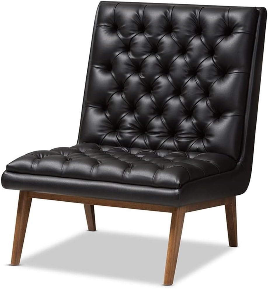 Bowery Hill Tufted Faux Leather Accent Chair, Black Upholstery, Solid Rubberwood Frame, Walnut-Finished Legs, Mid-Century Modern Style, Button-Tufted Design, Foam Padded, Living Room or Lounge Seating
