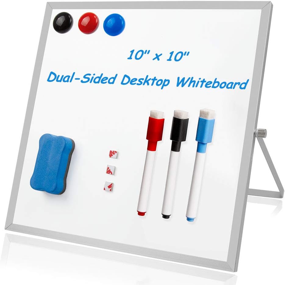 Hirate Small Dry Erase White Board 10" x10", Mini Portable Desktop Dual-Sided Personal Dry Erase Board 360 Degree Rotation for Kids Teaching, Home, Office, 3 Free Markers