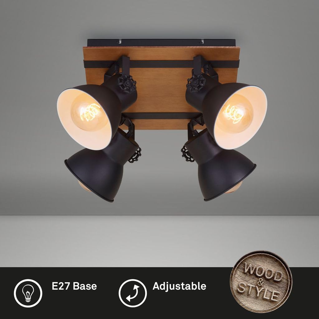 Briloner Lighting ceiling lamp retro with wooden beams, 3-flame vintage ceiling light, E27 socket, max. 40 watts, adjustable lampshades, rustic ceiling spot, black-wood 2406-035