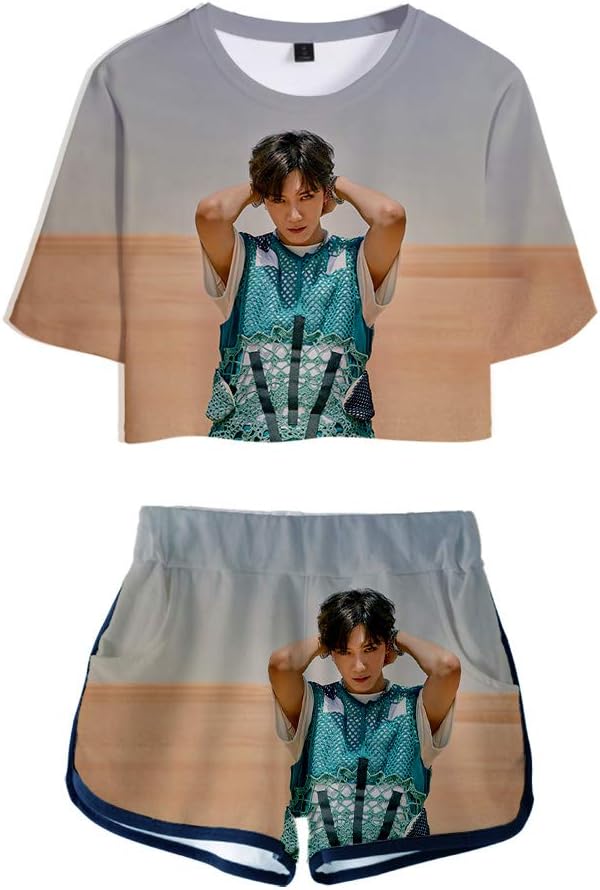 Ensemble 2 Pièces Crop Top + Short Kpop – Impression 3D, Manches Courtes, Style Décontracté, Inspiré Taemin/Kai