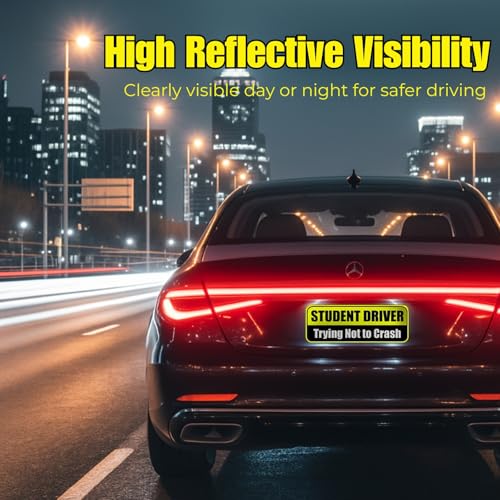Image of Lusinus Student Driver Magnet for Car - 2-Pack Reflective Funny Magnetic Bumper Sticker Set - Removable Novice Driver Safety Attention Sign - Weather-Resistant (Yellow-Black)