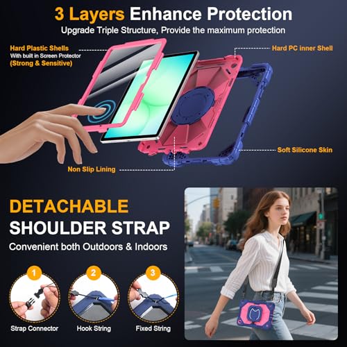 Case for Samsung Galaxy Tab A11+/A9+ Plus 11 Inch 2026/2024, Auorld Rugged Case for Samsung Galaxy A9+/A11+ Tablet with Screen Protector 360 Rotating Stand Shoulder Strap Pen Holder, Navy Pink by Auorld - Image 3