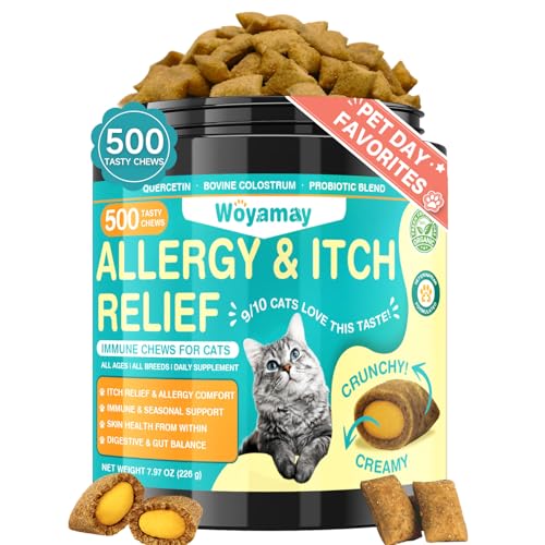 Woyamay Cat Allergy Relief for Cats, 500 Crunchy & Creamy Anti-Itch and Immunity Chews for Itchy Skin, Paws, Eyes, Ears| Stop Licking & Scratching, Supports Seasonal Itching, Chicken Flavor