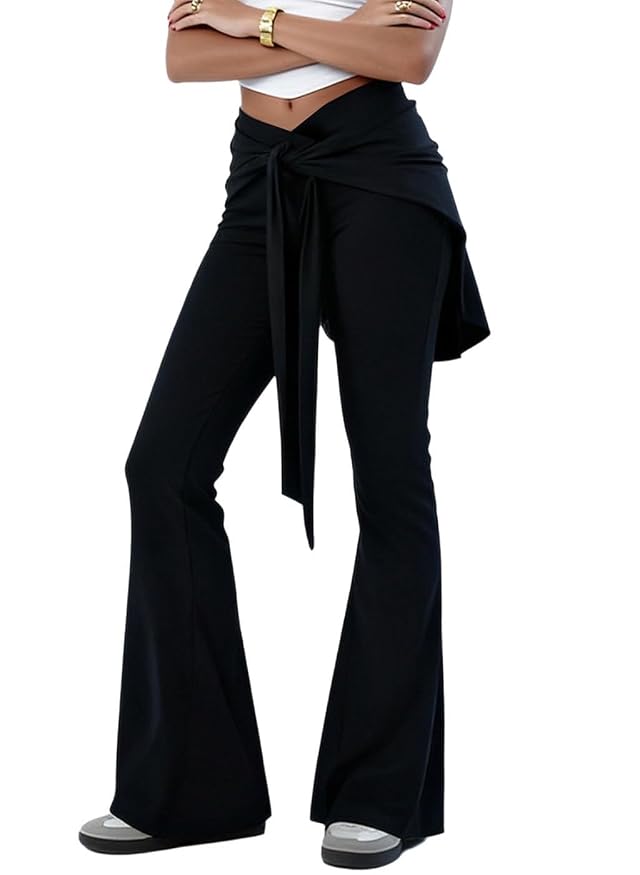 Wuitrie Womens Pants Flare Bottom Tie Front High Waisted Going Out Casual Athletic Running Fall Fashion Trousers