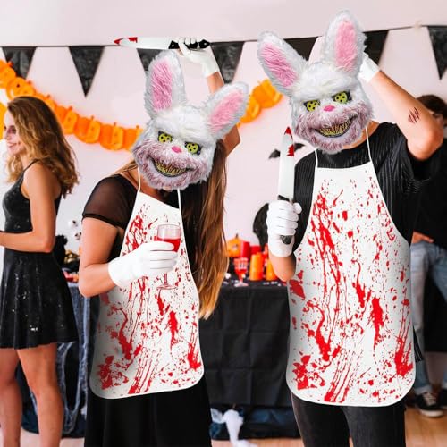 Yi'antai Costume de Boucher Halloween, Costume de Lapin D'horreur, Masque de Lapin, Deguisement Halloween Homme, Homme Horreur Tueur, Tablier Ensanglanté, Temporary Tattoo Sheets, Gants en coton(A) – vue 5