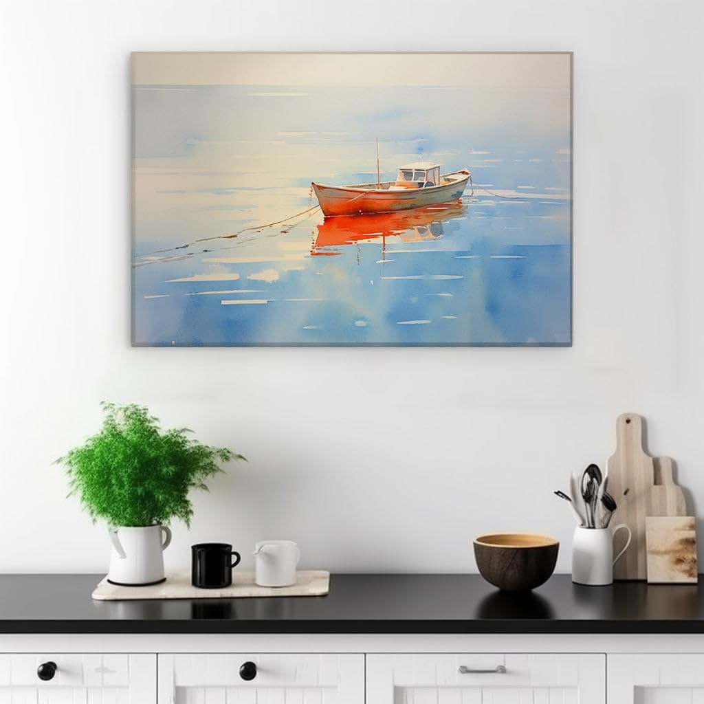 Canvas for Living room. Serene Haven: The Red Boat's Solace in a Landscape of Blues, 27 x 18 inch Canvas Wall Art - Contemporary Masterpieces - Modern Home Decor - 91x61 cm (36x24 inch)