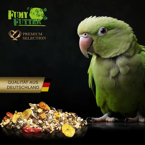 FumyFutter Papagei Frucht Mix, Exklusives Alleinfutter, Premium-Papageienfutter für Aras, Graupapageien und Amazonen, mit Früchten, Nüssen und Chilis verfeinert, 1,5kg, 1x Beutel