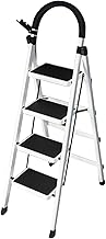 Escalera plegable portátil de 4 escalones, acero al carbono ligero, diseño antideslizante, móvil y compacta, color blanco, ideal para el hogar, la oficina y proyectos de bricolaje