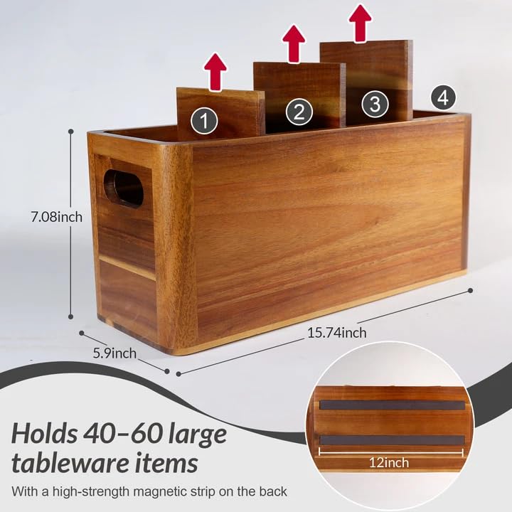 Image of Wooden Kitchen Utensil Holder Organizer for Counter or Countertop, Large Wooden Utensil Holder 4 Compartment, Acacia Wood Container Extra Large.with Strong Magnets Multifunctional Storage Knife Holder