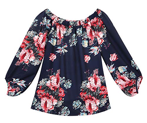 Eledobby Camisa Feminina Floral Estampada Camisa Feminina a Ombro a Ombro De Mangas Compridas Marinh