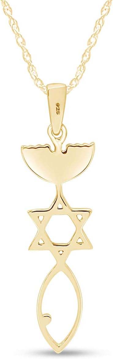 AFFY Messianic Seal Pendant Necklace in 14K Gold Over Sterling Silver, Religious Faith Jewelry for Men & Women, Star of David and Fish Symbol Pendant with 18" Chain