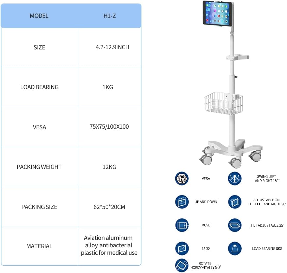 Medical Trolley Cart,Medical Monitor Cart Stand, Height Adjustable Rolling Trolley with Storage Basket for Hospital,Beauty Salon