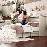 Jocisland Queen Murphy Bed with Charging Station & Large Storage Drawer, Foldable Platform Bed Space-Saving Cabinet Bed for Home Office or Small Rooms, Distressed White
