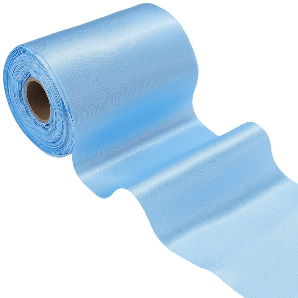 CABODYALS 20M 100mm Light Blue Satin Ribbon Extra Wide Solid Thick Large Soft Silk Double Faced Fabric Polyester Ribbons Bulk for Sewing Making Diy Crafts Cutting Ceremony Grand Opening Home Decor