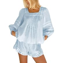 Women's Fashion 2 Piece Set Puff Long Sleeve Tops and Ruffle Shorts