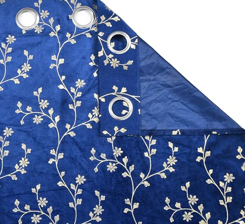 Image of Heavy Velvet Fabric Room Darkening Floral Design Curtains 11 Feet for Extra Long Door, Navy Blue, Pack of 2 Pieces