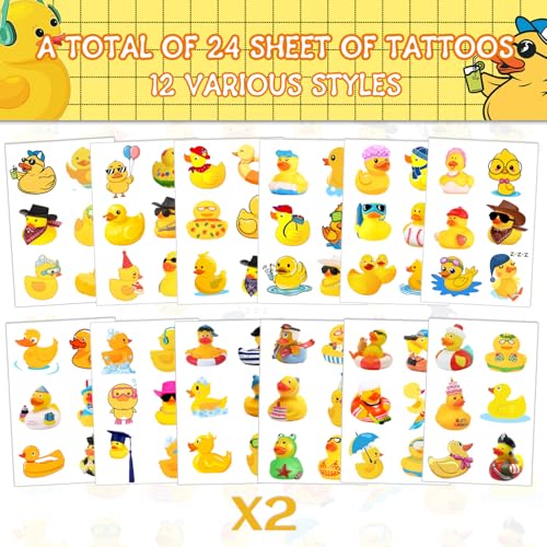 24 folhas (144 peças) Tatuagens temporárias de pato de borracha, lembrancinhas de festa de aniversár