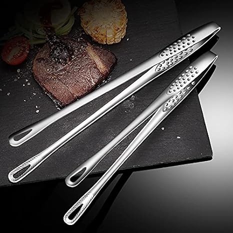 2 Pcs (11 In & 9.45 In) Bbq Tongs Korean Barbecue & Grill Tools,Kitchen Tongs, Stainless Steel Heavy Duty For Cooking, Meat, Bread & Ice, Clip Head Hollow Design