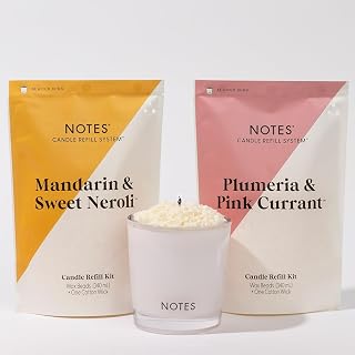 NOTES Sustainable Candle Starter Kit - Fruity Floral Duo | Refillable & Reusable Candle | Fruity Scented Candles | 100% Natural Wax | Plumeria & Pink Currant and Mandarin & Sweet Neroli