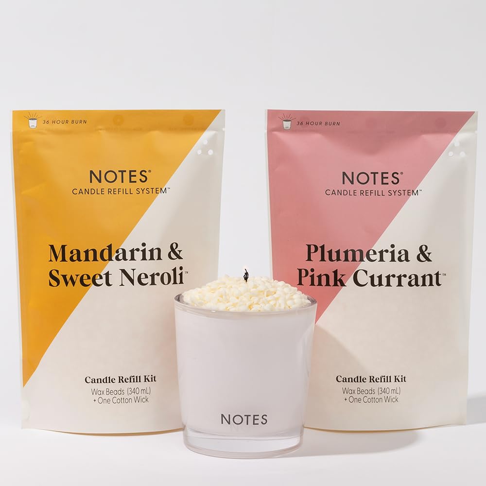 NOTES Zrównoważony zestaw świec, nietoksyczny zapach, naturalne koraliki woskowe, knot i naczynie do wielokrotnego napełniania - plumeria i różowa porzeczka + mandarynka i słodkie neroli