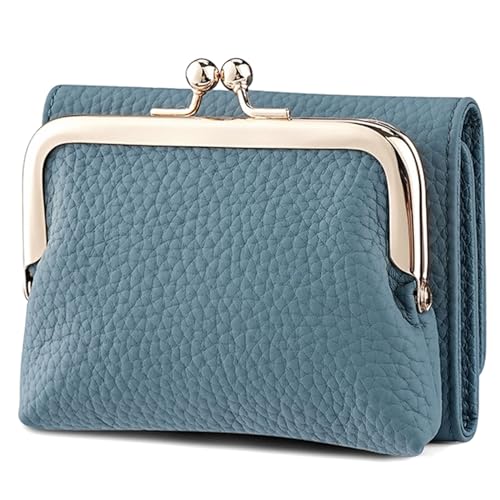 Karoukee Karouee Portefeuille Trifold en Cuir Véritable pour Femme - Porte-Cartes de Crédit Compact Anti-RFID avec 8 Fentes - Petit Portemonnaie à Fermeture Kiss-Lock(Bleu)