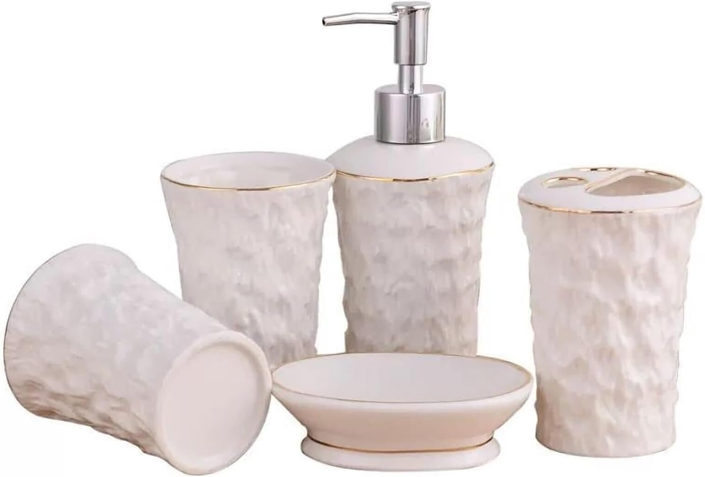 Bathroom Accesory Set Soap Dispenser Toothbrush Holder 2 Cup Dish White with Golde Modern Home Decor 5pcs Renter Friendly Decor
