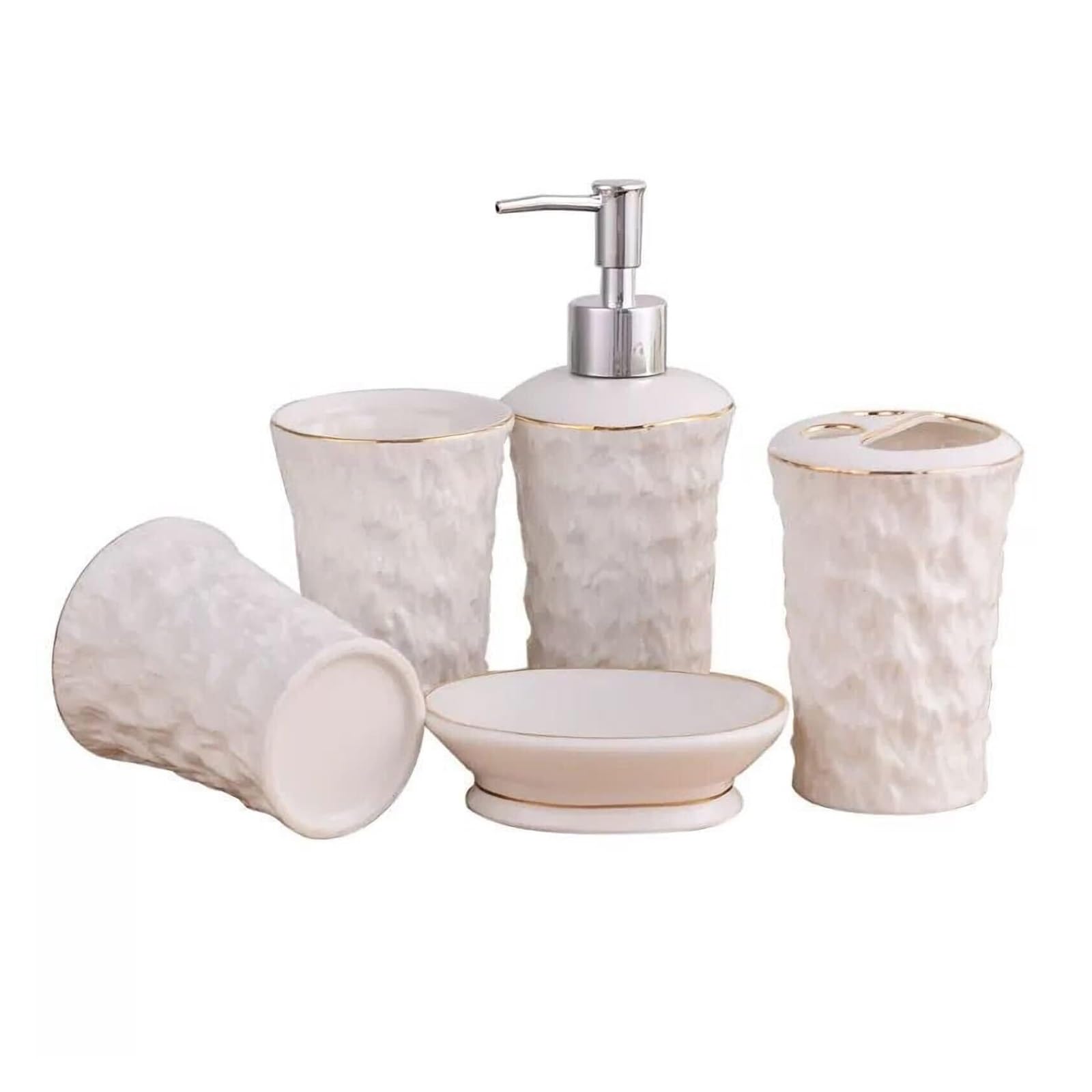 Set di accessori per il bagno Dispenser di sapone, portaspazzolino, 2 tazze, bianco con decorazioni moderne for la casa in oro, 5 pezzi Arredamento per gli affittuari