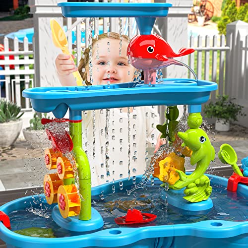 Temi Kids Sand Water Table , 3-Tier Sand Table And Rain Showers Splash Pond Water Table Toys, Activity Sensory Play Table Beach Summer Outside Toy For Toddler Boys Girls #TOP2