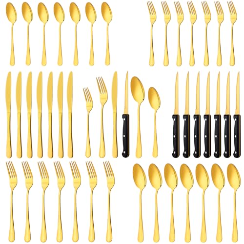 48-Pack Gold Silverware Set with Steak Knives, Stainless Steel Tableware Cutlery Spoons Forks Kit, For Buffet Kitchen Restaurant Hotel, Kitchen Flatware Utensils Set, Mirror Polished