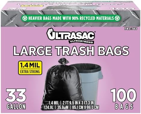 Ultrasac 33 Gallon Trash Bags - (Huge 100 Pack/w Ties) - 39" x 33" Heavy Duty Large Professional Quality Black Garbage Bags - Extra Strong Plastic Trashbags for Home, Kitchen, Lawn, and Other