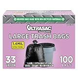 UltraSac 33 Gallon Trash Bags - (Huge 100 Pack/w Ties) - 39' x 33' Heavy Duty Large Professional Quality Black Garbage Bags - Extra Strong Plastic Trashbags for Home, Kitchen, Lawn, and Other