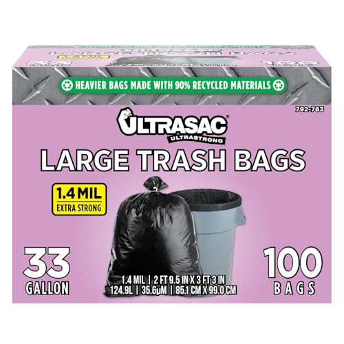 Ultrasac 33 Gallon Trash Bags - (Huge 100 Pack/w Ties) - 39" x 33" Heavy Duty Large Professional Quality Black Garbage Bags - Extra Strong Plastic Trashbags for Home, Kitchen, Lawn, and Other by Ultrasac - Used condition - US$20.28