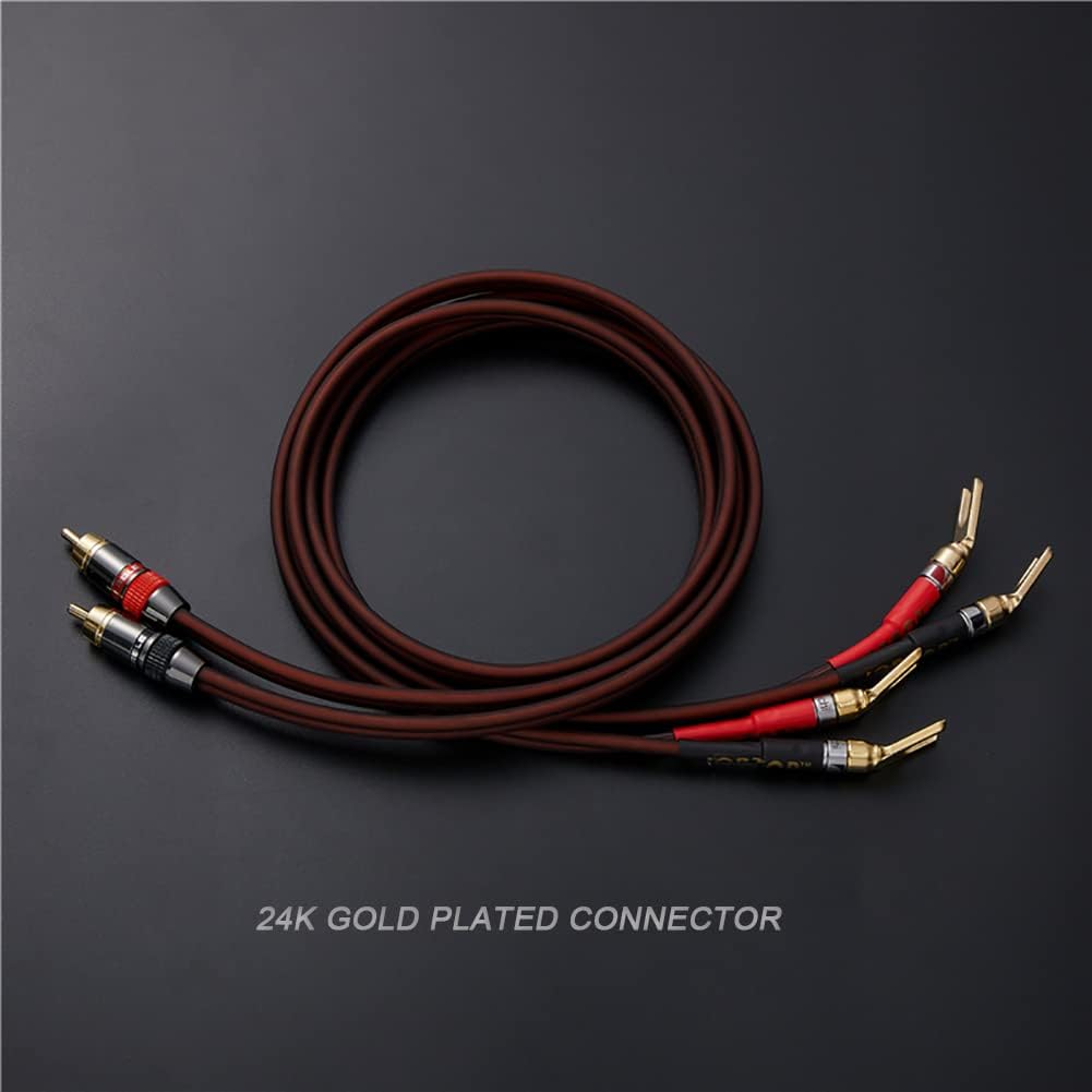 Audiophile Hi-Fi 14 Gauge OFC Speaker Cable with RCA Male (Black & Red) to 2 Bananas Plugs, 2 pack/1pair, (3M(9.9FT), 1 Pair(RCA to Bare Wire))
