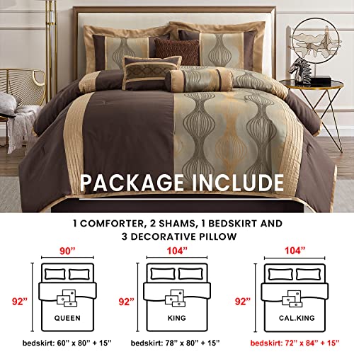 Grand Avenue Elegant Brown Comforter Set King, Striped,7 Piece Bed In A Bag, Jacquard Bedding Set All Season, Matching Decorative Pillows, Pillow Sham #TOP5