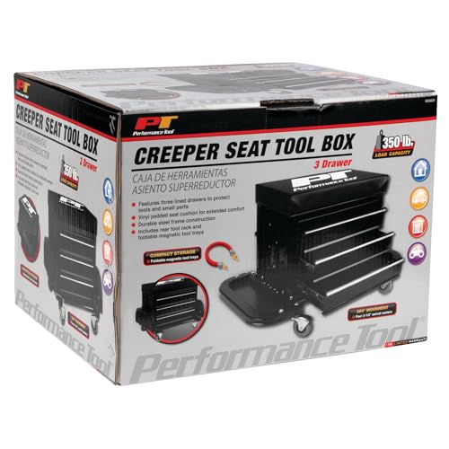 Performance Tool W85025 3-Drawer Rolling Tool Chest Seat With Magnetic Side Trays, Black by Performance Tool - Image 9
