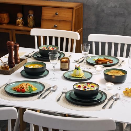 vancasso Plates and Bowls Sets, 18 Pieces Stoneware Dinnerware Sets for 6, Kitchen Dish Set Mircowave and Dishwasher Safe Ceramic Dishware, Turf Green, Series AMBER by vancasso - Used condition - Image 9