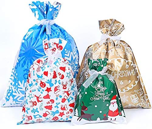 Merrimen Drawstring Gift Bags | Pack of 34 Reusable Christmas Bags Assorted Sizes | Eco-Friendly Wrapping Foil Bags With Glossy Finish | Xmas Goody Bag with Ribbon Tie Perfect for Christmas Party