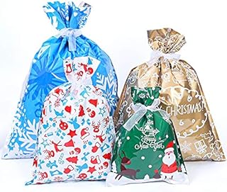 Merrimen Drawstring Gift Bags | Pack of 34 Reusable Christmas Bags Assorted Sizes | Eco-Friendly Wrapping Foil Bags With Glossy Finish | Xmas Goody Bag with Ribbon Tie Perfect for Christmas Party