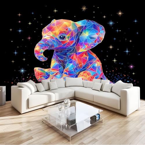 Papel Pintado Lindo Estrellas Animales Elefante Bebé Paisaje 200 x 140 cm, Negro Colorful Tejido No Tejido Póster Fotomurales Decoración Pared, Para Dormitorio Salón Decorativos Murales