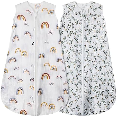 BSTOPPT 2 Pack Baby Sleep Sack 0-6 Months 100% Organic Cotton Muslin Baby Sleeping Bag 2-Way Zipper Wearable Blankets (Rainbow & Leaf, Small) Cover