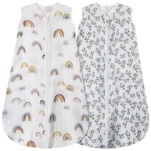 BSTOPPT 2 Pack Baby Sleep Sack 0-6 Months 100% Organic Cotton Muslin Baby Sleeping Bag 2-Way Zipper Wearable Blankets (Rainbow & Leaf