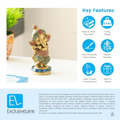 Image of ExclusiveLane 'Englighted' Brass Ganesha Idol for Home (100% Pure Brass, 0.9 Kg, 5.7 Inch)|Decorative Items for Living Room Showpiece for Home Decor Showpiece for Gift Diwali Housewarming Return Gifts