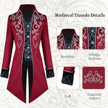 YORDET Steampunk Rokkostuum Heren, Middeleeuws Gotisch Retro Rokkostuum Jas, Halloween Victoriaanse Frock Jas (Rood, XL