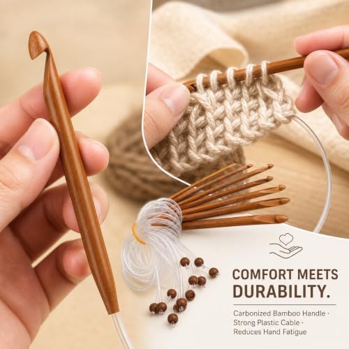 12pcs Carbonized Bamboo Afghan Tunisian Crochet Hooks Set, Knitting Needles, Adjoined Plastic Cable Tool with Crochet Function, Ideal for Beginners & Professionals - 3