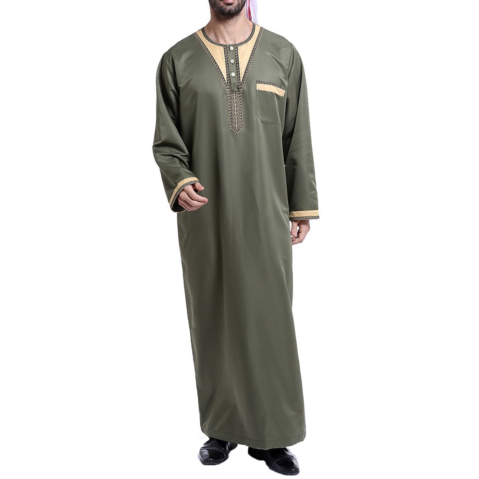 Cotton Long Sleeve Muslim Robes for Men 2023 Fashion Embroidered Standing Neck Pocket Long Thobe Casual Gown