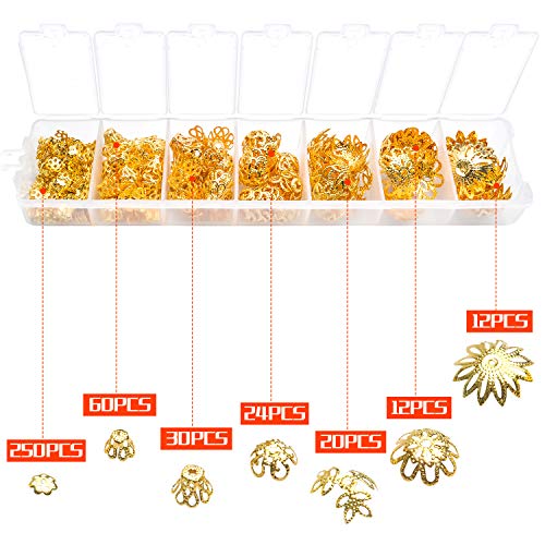 408Pcs Gold Flower Bead Caps Flower Cord Caps Flower End Caps Hollow Flower Filigree Spacer Tassel Charms With A Box For Jewelry Making,7 Styles #TOP3