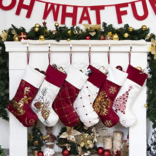 Gex Family Christmas Stockings Set Of 6 New Embroidery Sequins 20" Large Decor Red White Gold Hanging Ornament Fireplace Xmas Tree Holiday Party Decoration (6 Packs) #TOP1
